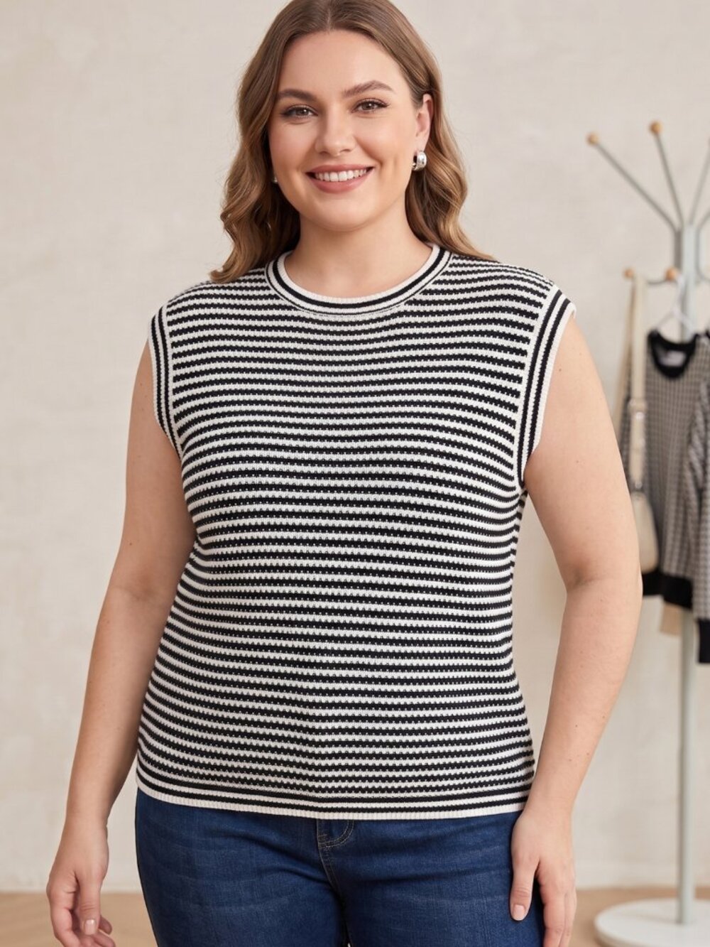 NWT Vaziro Black White Striped Crochet Knit Sleeveless Sweater Vest Top XL